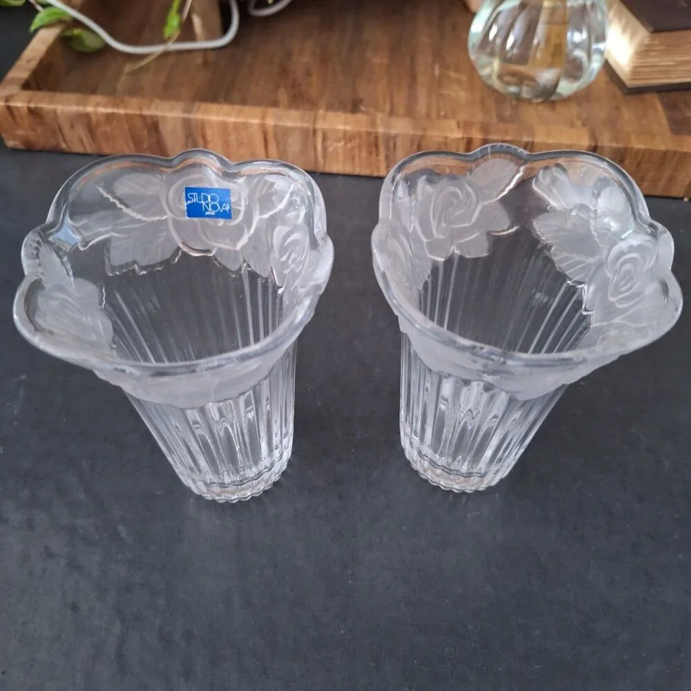Studio Nova‎ Japan Etched Crystal Pair Floral Vase Set Of 2 Matching Vintage